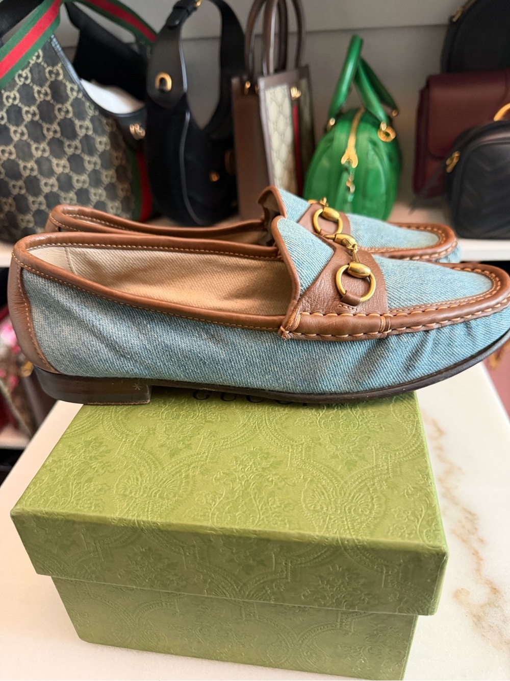 Gucci Denim & Brown Leather Horsebit Loafers - Picture 6 of 7
